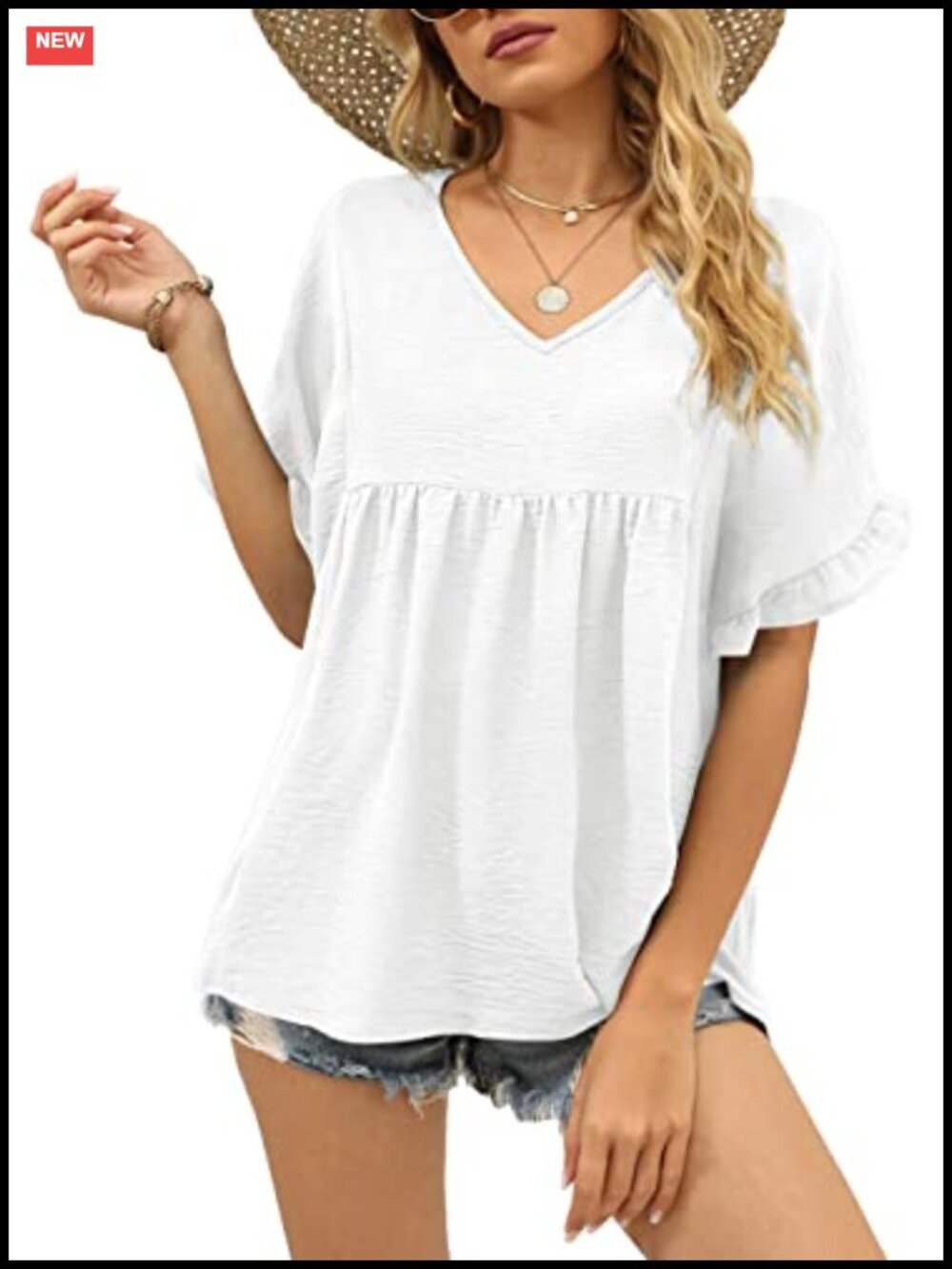 Women's V Neck Ruffle Sleeve Babydoll Top Loose Fit Peplum T-Shirt
